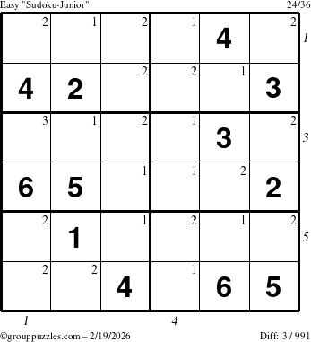 The grouppuzzles.com Easy Sudoku-Junior puzzle for Thursday February 19, 2026, suitable for printing, with all 3 steps marked