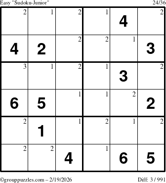 The grouppuzzles.com Easy Sudoku-Junior puzzle for Thursday February 19, 2026 with the first 3 steps marked