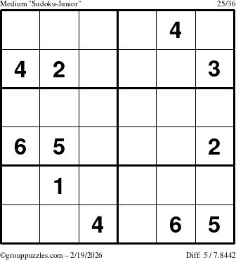 The grouppuzzles.com Medium Sudoku-Junior puzzle for Thursday February 19, 2026