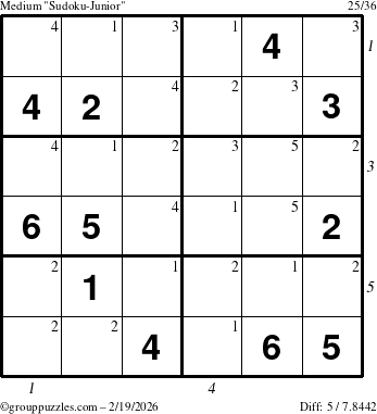 The grouppuzzles.com Medium Sudoku-Junior puzzle for Thursday February 19, 2026 with all 5 steps marked