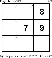 The grouppuzzles.com Easy TicTac-789 puzzle for Thursday February 19, 2026 with the first 2 steps marked