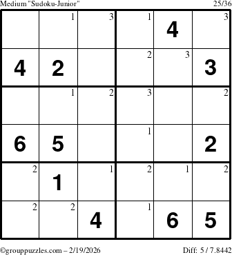The grouppuzzles.com Medium Sudoku-Junior puzzle for Thursday February 19, 2026 with the first 3 steps marked