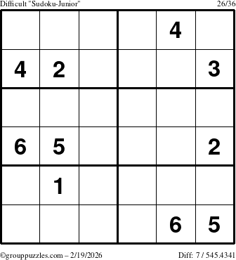 The grouppuzzles.com Difficult Sudoku-Junior puzzle for Thursday February 19, 2026