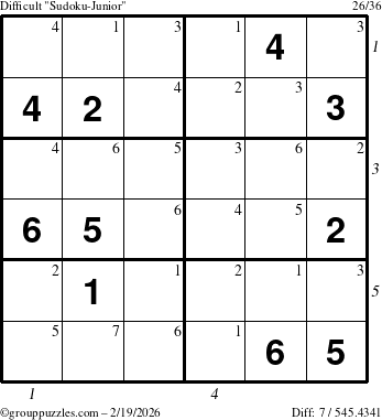 The grouppuzzles.com Difficult Sudoku-Junior puzzle for Thursday February 19, 2026, suitable for printing, with all 7 steps marked