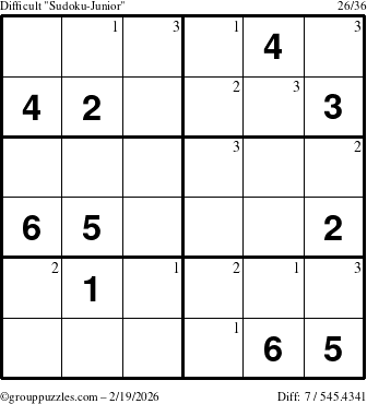 The grouppuzzles.com Difficult Sudoku-Junior puzzle for Thursday February 19, 2026 with the first 3 steps marked