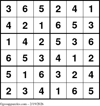 The grouppuzzles.com Answer grid for the Sudoku-Junior puzzle for Thursday February 19, 2026