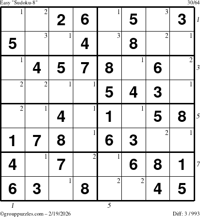The grouppuzzles.com Easy Sudoku-8 puzzle for Thursday February 19, 2026, suitable for printing, with all 3 steps marked