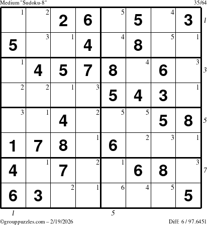 The grouppuzzles.com Medium Sudoku-8 puzzle for Thursday February 19, 2026, suitable for printing, with all 6 steps marked