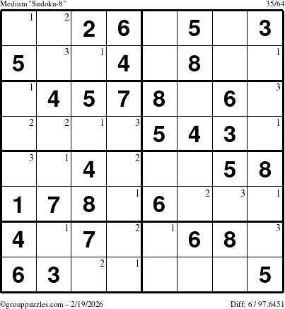 The grouppuzzles.com Medium Sudoku-8 puzzle for Thursday February 19, 2026 with the first 3 steps marked