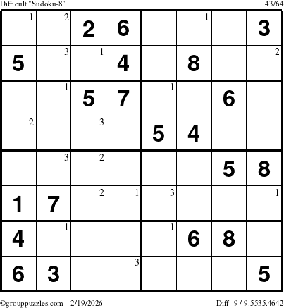 The grouppuzzles.com Difficult Sudoku-8 puzzle for Thursday February 19, 2026 with the first 3 steps marked