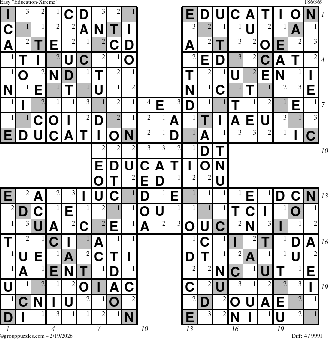 The grouppuzzles.com Easy Education-Xtreme puzzle for Thursday February 19, 2026, suitable for printing, with all 4 steps marked
