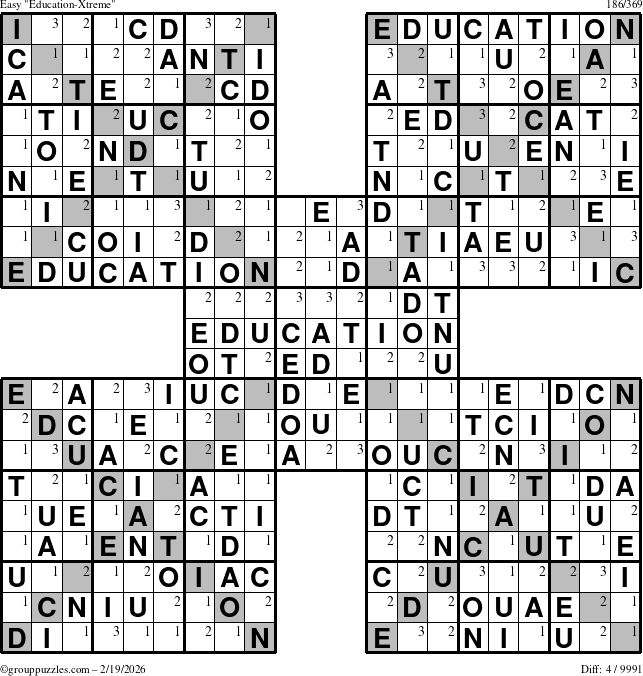 The grouppuzzles.com Easy Education-Xtreme puzzle for Thursday February 19, 2026 with the first 3 steps marked