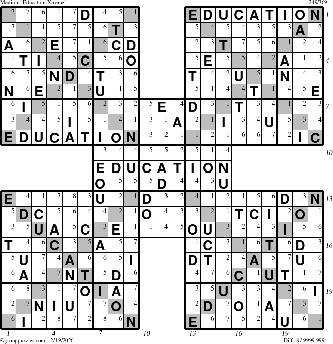 The grouppuzzles.com Medium Education-Xtreme puzzle for Thursday February 19, 2026, suitable for printing, with all 8 steps marked