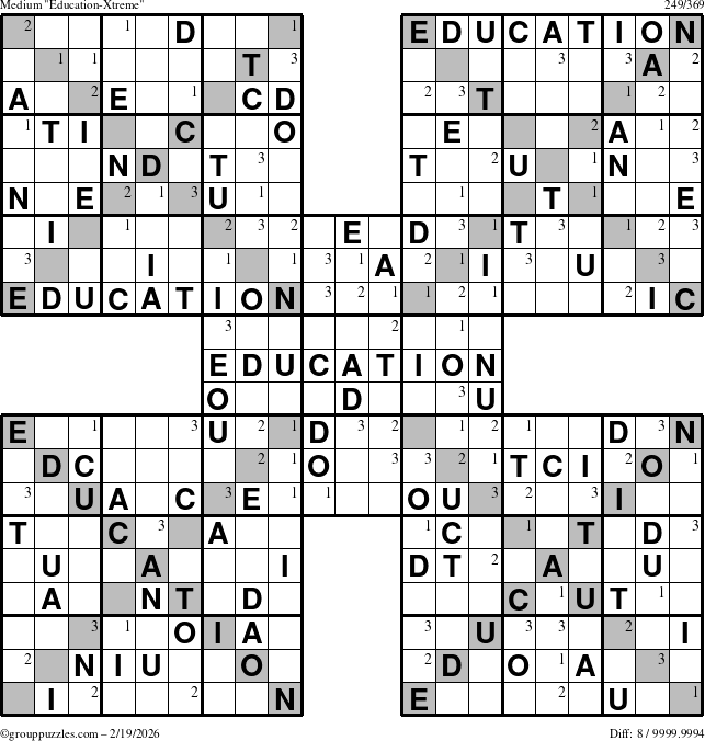 The grouppuzzles.com Medium Education-Xtreme puzzle for Thursday February 19, 2026 with the first 3 steps marked