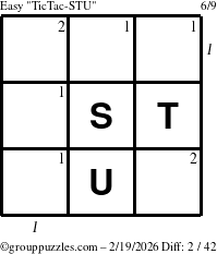 The grouppuzzles.com Easy TicTac-STU puzzle for Thursday February 19, 2026 with all 2 steps marked