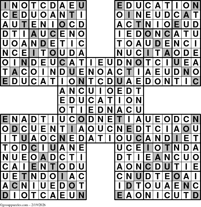 The grouppuzzles.com Answer grid for the Education-Xtreme puzzle for Thursday February 19, 2026