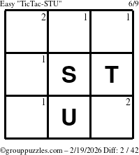 The grouppuzzles.com Easy TicTac-STU puzzle for Thursday February 19, 2026 with the first 2 steps marked