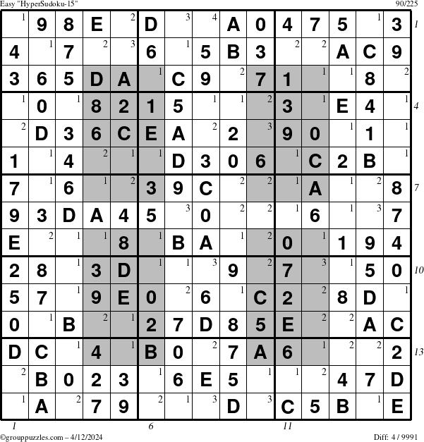 The grouppuzzles.com Easy HyperSudoku-15 puzzle for Friday April 12, 2024 with all 4 steps marked