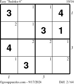 The grouppuzzles.com Easy Sudoku-4 puzzle for Tuesday September 17, 2024, suitable for printing, with all 2 steps marked