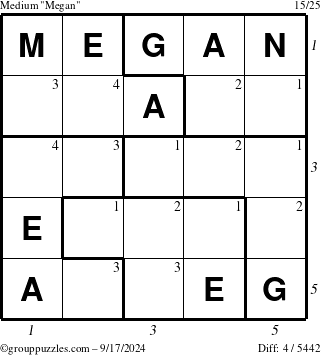 The grouppuzzles.com Medium Megan puzzle for Tuesday September 17, 2024, suitable for printing, with all 4 steps marked