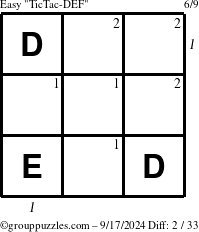 The grouppuzzles.com Easy TicTac-DEF puzzle for Tuesday September 17, 2024, suitable for printing, with all 2 steps marked