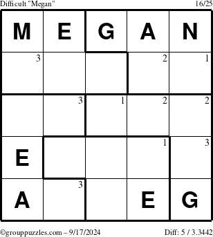 The grouppuzzles.com Difficult Megan puzzle for Tuesday September 17, 2024 with the first 3 steps marked