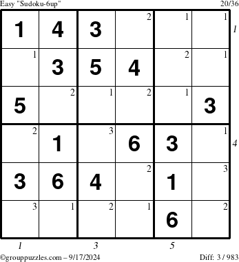 The grouppuzzles.com Easy Sudoku-6up puzzle for Tuesday September 17, 2024 with all 3 steps marked