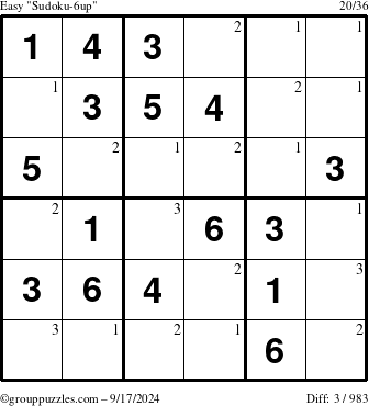 The grouppuzzles.com Easy Sudoku-6up puzzle for Tuesday September 17, 2024 with the first 3 steps marked