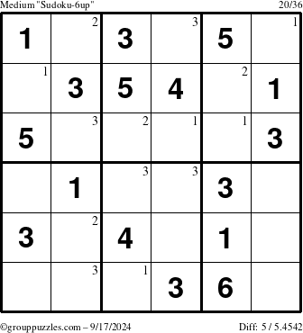 The grouppuzzles.com Medium Sudoku-6up puzzle for Tuesday September 17, 2024 with the first 3 steps marked