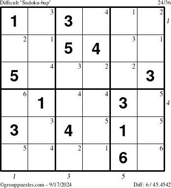 The grouppuzzles.com Difficult Sudoku-6up puzzle for Tuesday September 17, 2024 with all 6 steps marked