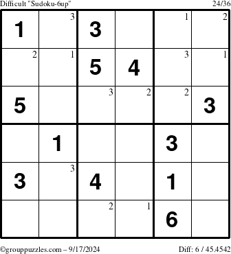 The grouppuzzles.com Difficult Sudoku-6up puzzle for Tuesday September 17, 2024 with the first 3 steps marked