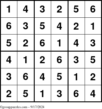 The grouppuzzles.com Answer grid for the Sudoku-6up puzzle for Tuesday September 17, 2024