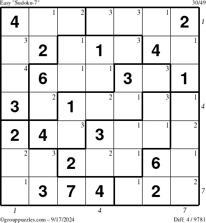 The grouppuzzles.com Easy Sudoku-7 puzzle for Tuesday September 17, 2024 with all 4 steps marked