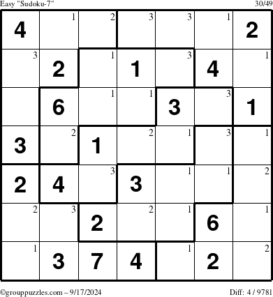 The grouppuzzles.com Easy Sudoku-7 puzzle for Tuesday September 17, 2024 with the first 3 steps marked