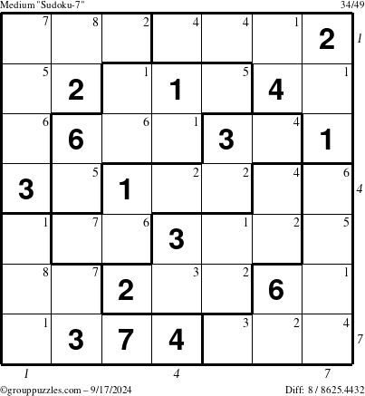 The grouppuzzles.com Medium Sudoku-7 puzzle for Tuesday September 17, 2024 with all 8 steps marked