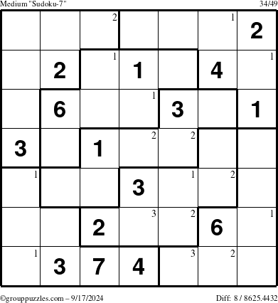 The grouppuzzles.com Medium Sudoku-7 puzzle for Tuesday September 17, 2024 with the first 3 steps marked