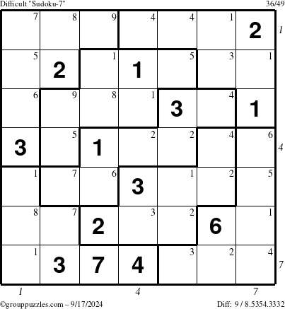 The grouppuzzles.com Difficult Sudoku-7 puzzle for Tuesday September 17, 2024 with all 9 steps marked