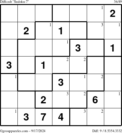 The grouppuzzles.com Difficult Sudoku-7 puzzle for Tuesday September 17, 2024 with the first 3 steps marked