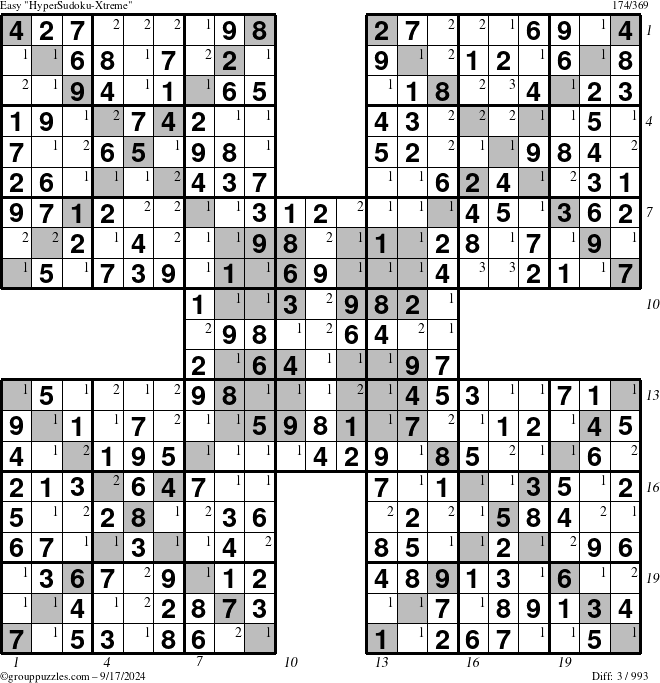 The grouppuzzles.com Easy HyperSudoku-Xtreme puzzle for Tuesday September 17, 2024 with all 3 steps marked