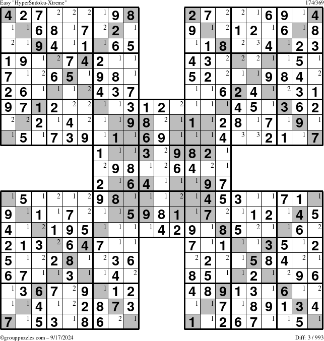 The grouppuzzles.com Easy HyperSudoku-Xtreme puzzle for Tuesday September 17, 2024 with the first 3 steps marked