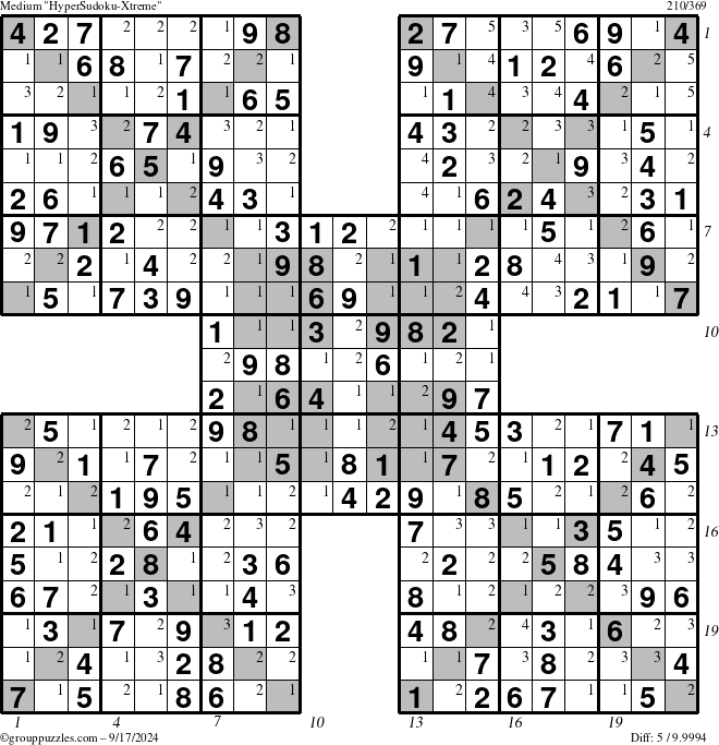 The grouppuzzles.com Medium HyperSudoku-Xtreme puzzle for Tuesday September 17, 2024 with all 5 steps marked