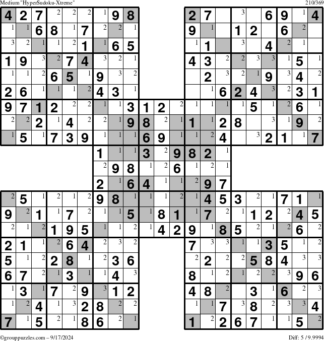 The grouppuzzles.com Medium HyperSudoku-Xtreme puzzle for Tuesday September 17, 2024 with the first 3 steps marked