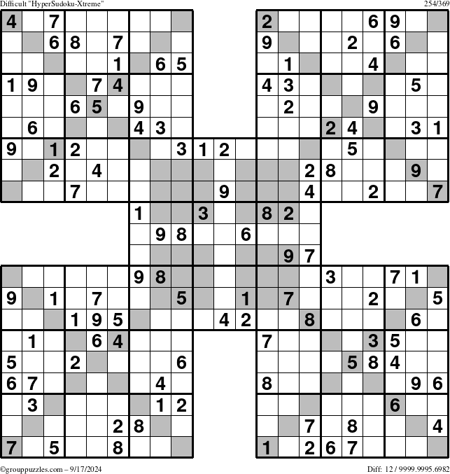 The grouppuzzles.com Difficult HyperSudoku-Xtreme puzzle for Tuesday September 17, 2024