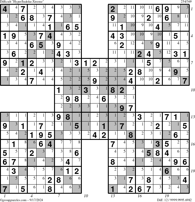 The grouppuzzles.com Difficult HyperSudoku-Xtreme puzzle for Tuesday September 17, 2024 with all 12 steps marked