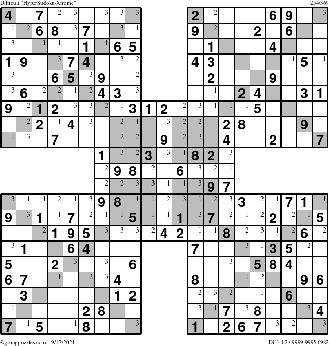 The grouppuzzles.com Difficult HyperSudoku-Xtreme puzzle for Tuesday September 17, 2024 with the first 3 steps marked