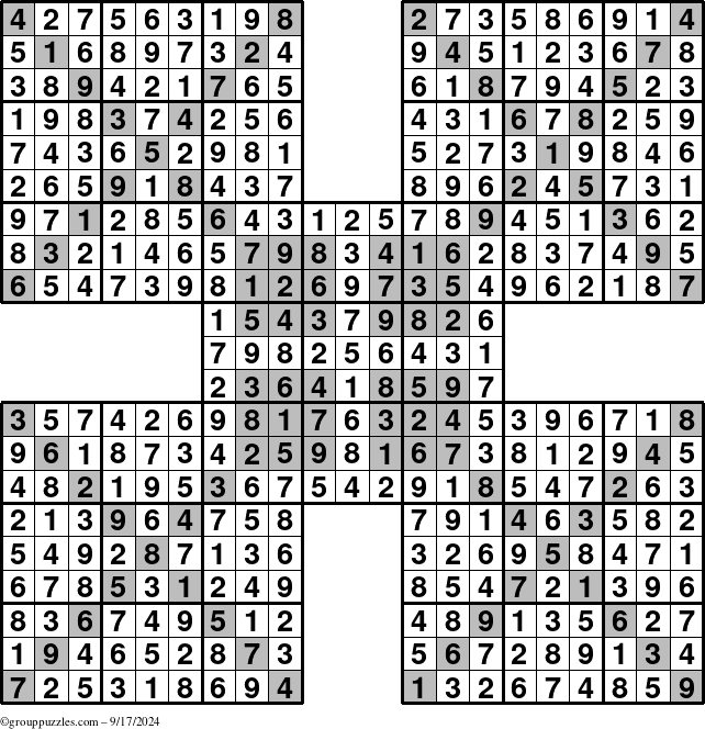 The grouppuzzles.com Answer grid for the HyperSudoku-Xtreme puzzle for Tuesday September 17, 2024