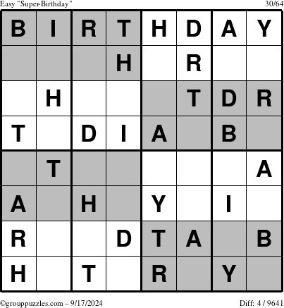 The grouppuzzles.com Easy Super-Birthday puzzle for Tuesday September 17, 2024