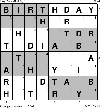 The grouppuzzles.com Easy Super-Birthday puzzle for Tuesday September 17, 2024 with all 4 steps marked