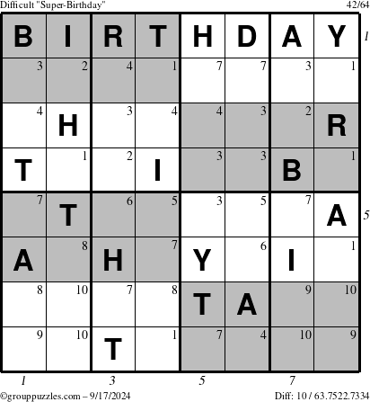 The grouppuzzles.com Difficult Super-Birthday puzzle for Tuesday September 17, 2024 with all 10 steps marked