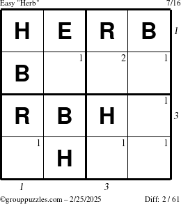 The grouppuzzles.com Easy Herb puzzle for Tuesday February 25, 2025 with all 2 steps marked